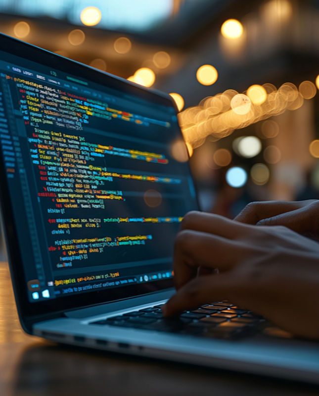 Nenand Askovic hands typing code on a laptop keyboard in a dimly lit, bokeh fil